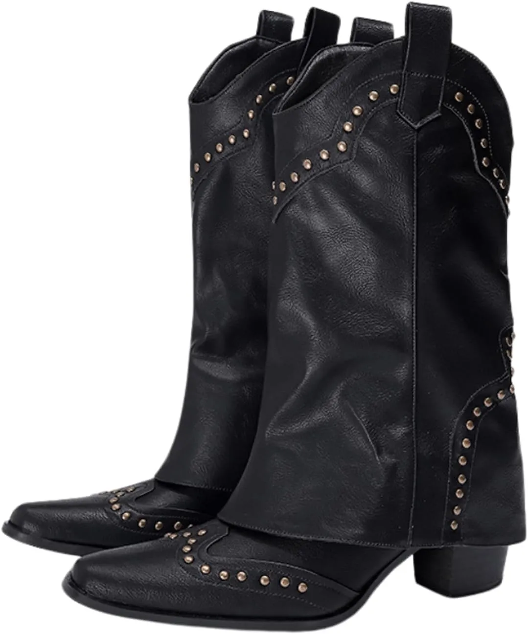 AUNTHUI Women'S Leather Mid Calf Western Cowboy Boots,Side Zipper Winter Warm Fashion Rivet Chunky Heel Retro Knight Boots