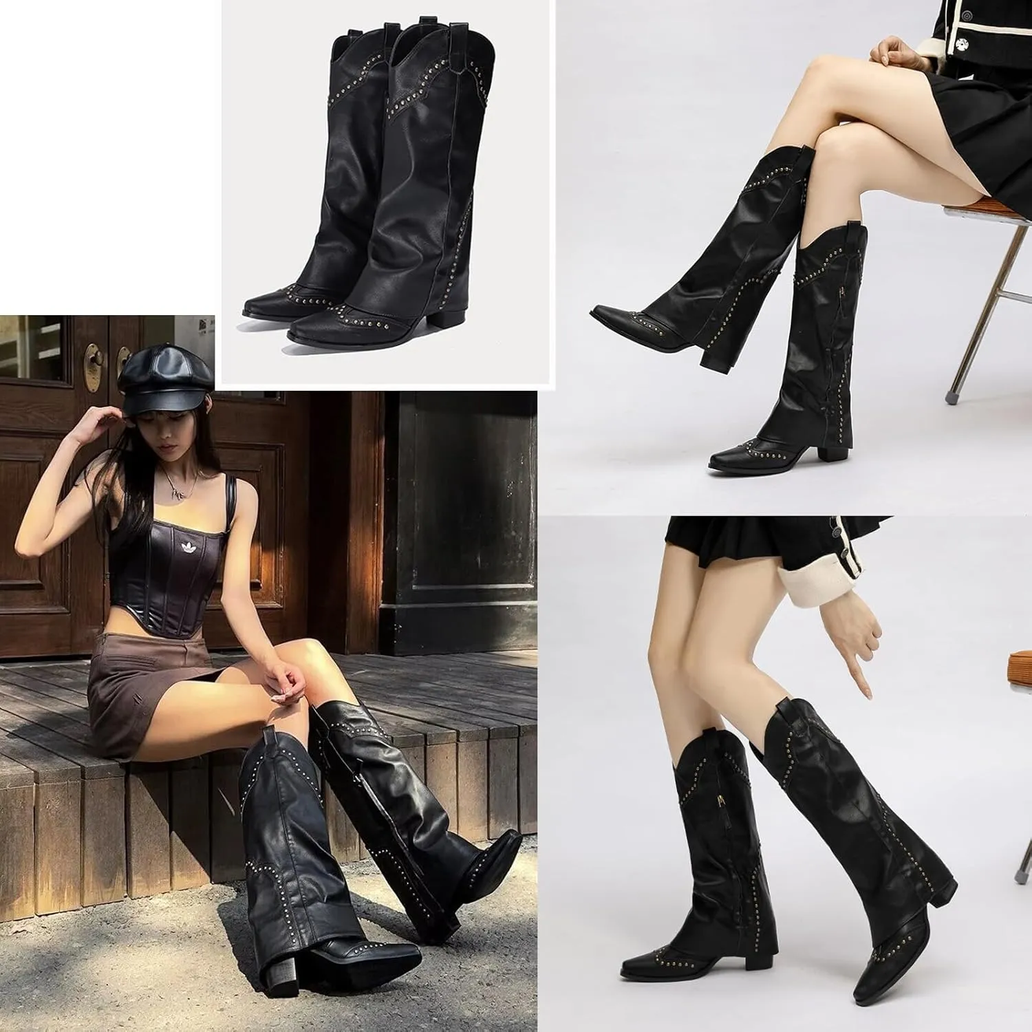 AUNTHUI Women'S Leather Mid Calf Western Cowboy Boots,Side Zipper Winter Warm Fashion Rivet Chunky Heel Retro Knight Boots
