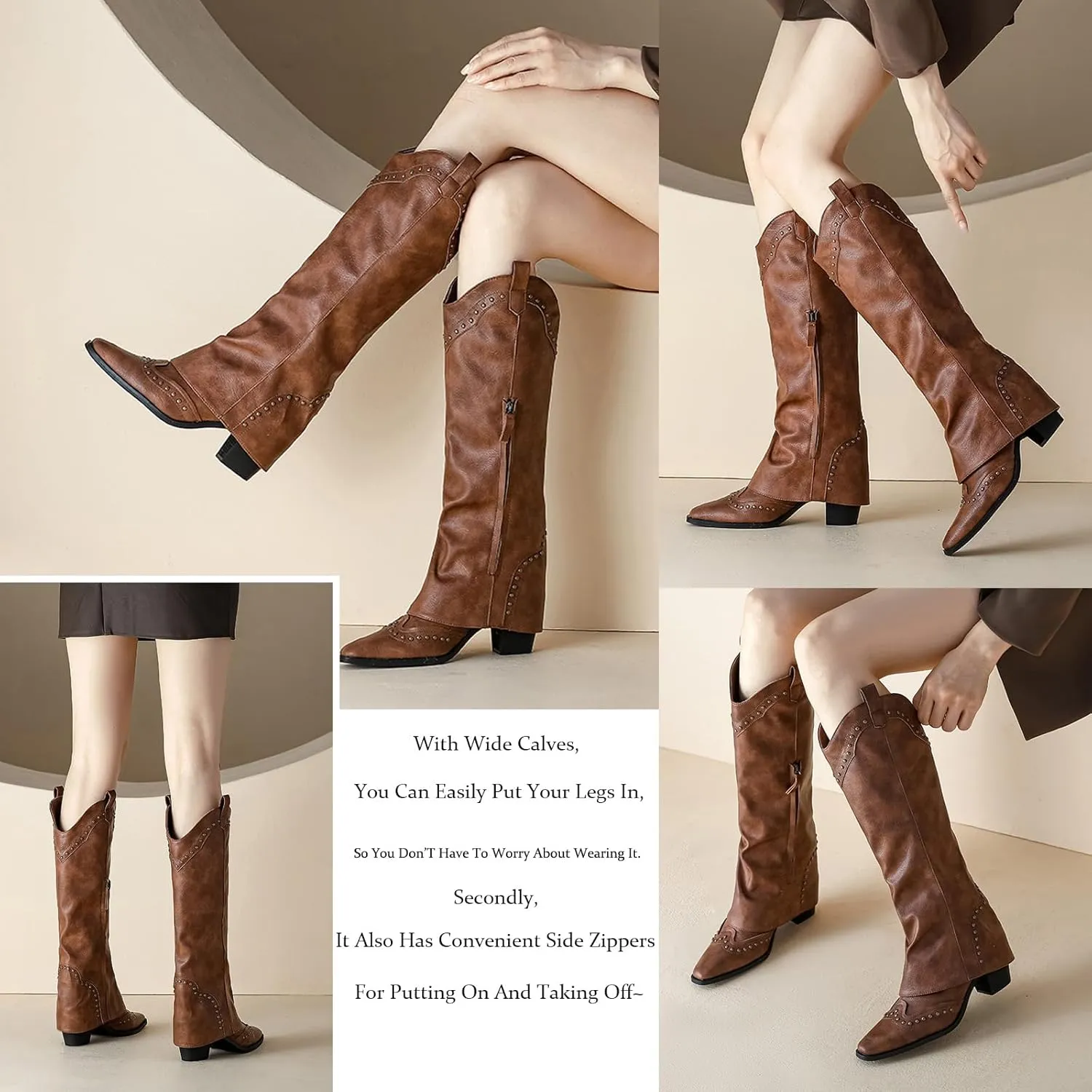 AUNTHUI Women'S Leather Mid Calf Western Cowboy Boots,Side Zipper Winter Warm Fashion Rivet Chunky Heel Retro Knight Boots