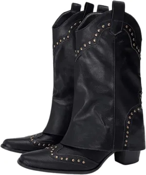 AUNTHUI Women'S Leather Mid Calf Western Cowboy Boots,Side Zipper Winter Warm Fashion Rivet Chunky Heel Retro Knight Boots