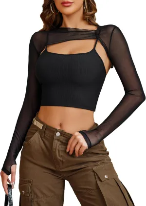 Avidlove Women Sexy Long Sleeve Mesh Crop Top Solid Cover Up with Spaghetti Strap Cami Top 2 Pieces Clubwear with Thumb Holes