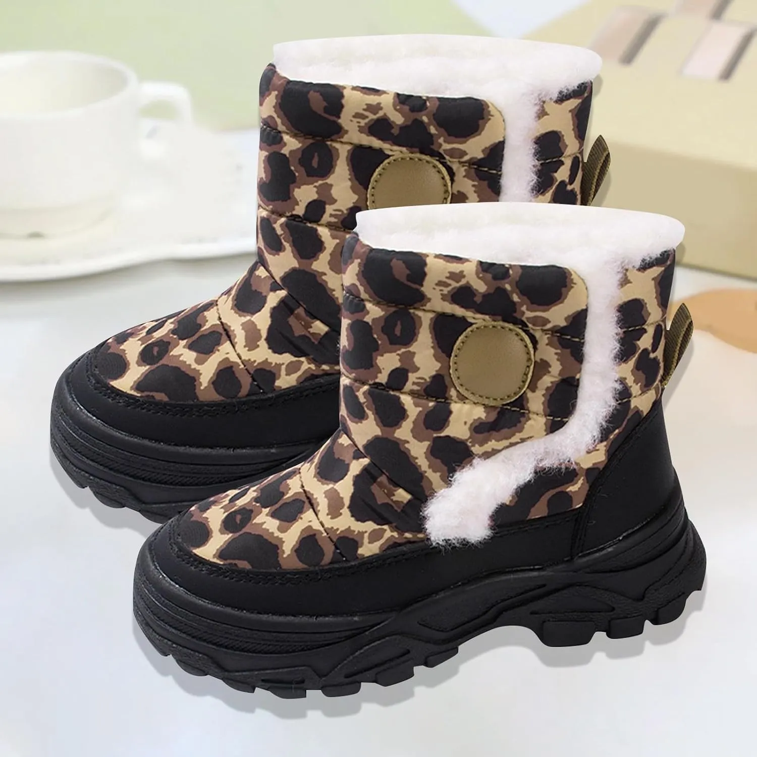 Baby Boys Girls Leopard Winter Warm Cozy Shoes Fleece Snow Boots Toddler Infant Non-Slip Faux F𝘂r Leather Boots Size 13