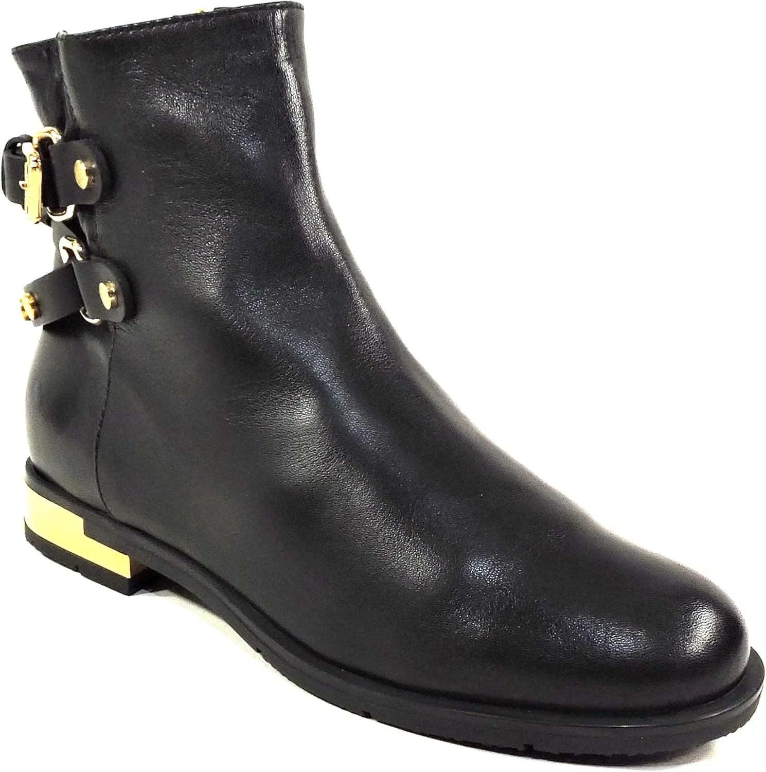 Baldinini Women's Black Leather Ankle Boots, Fur Lined, Gold Hardware, Winter Comfort Booties