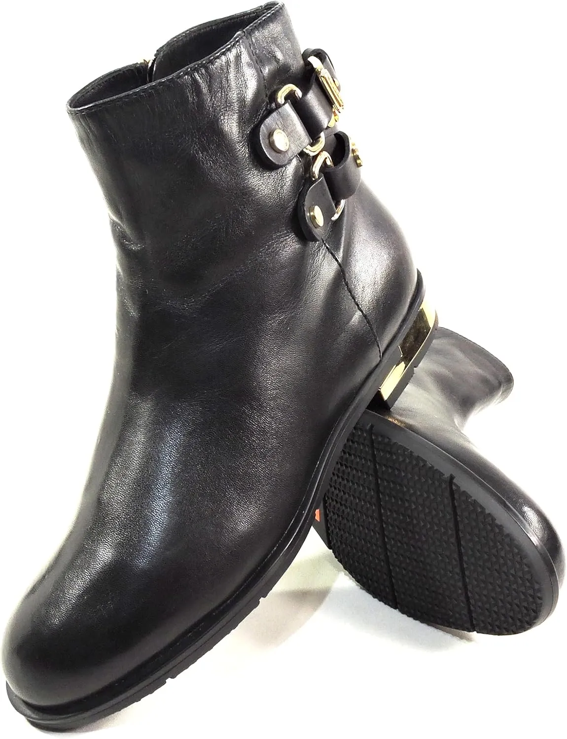 Baldinini Women's Black Leather Ankle Boots, Fur Lined, Gold Hardware, Winter Comfort Booties