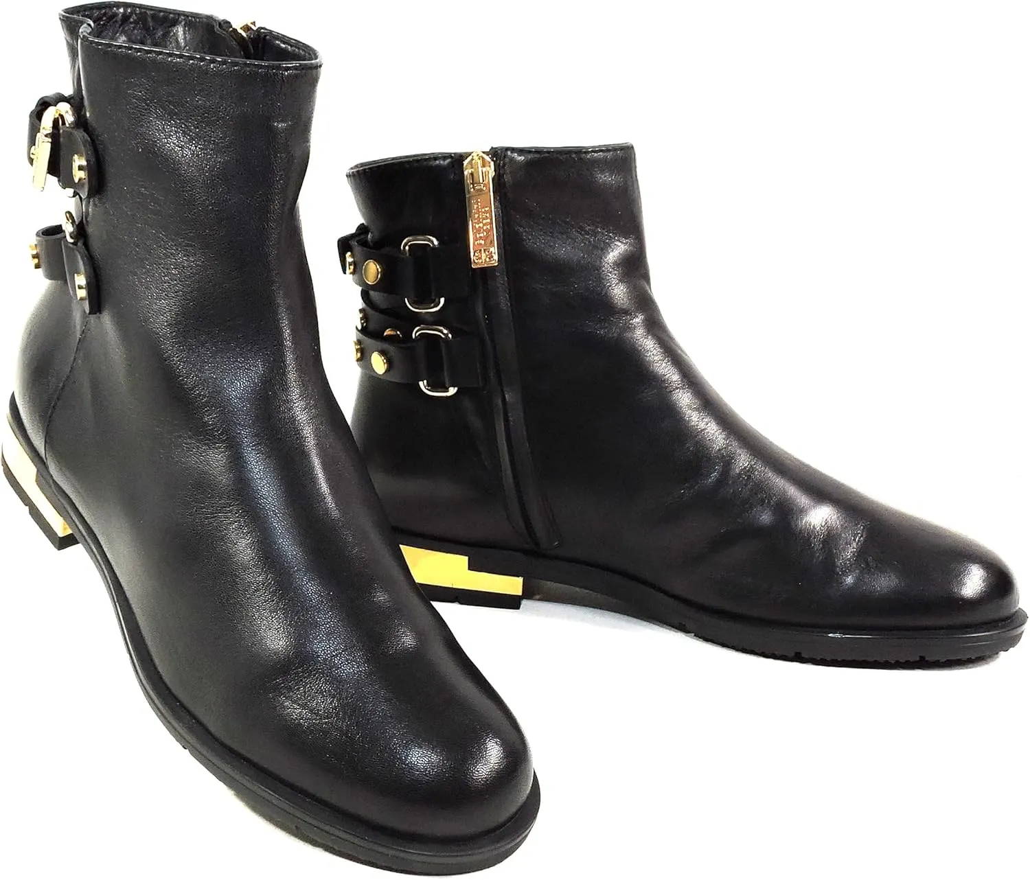 Baldinini Women's Black Leather Ankle Boots, Fur Lined, Gold Hardware, Winter Comfort Booties