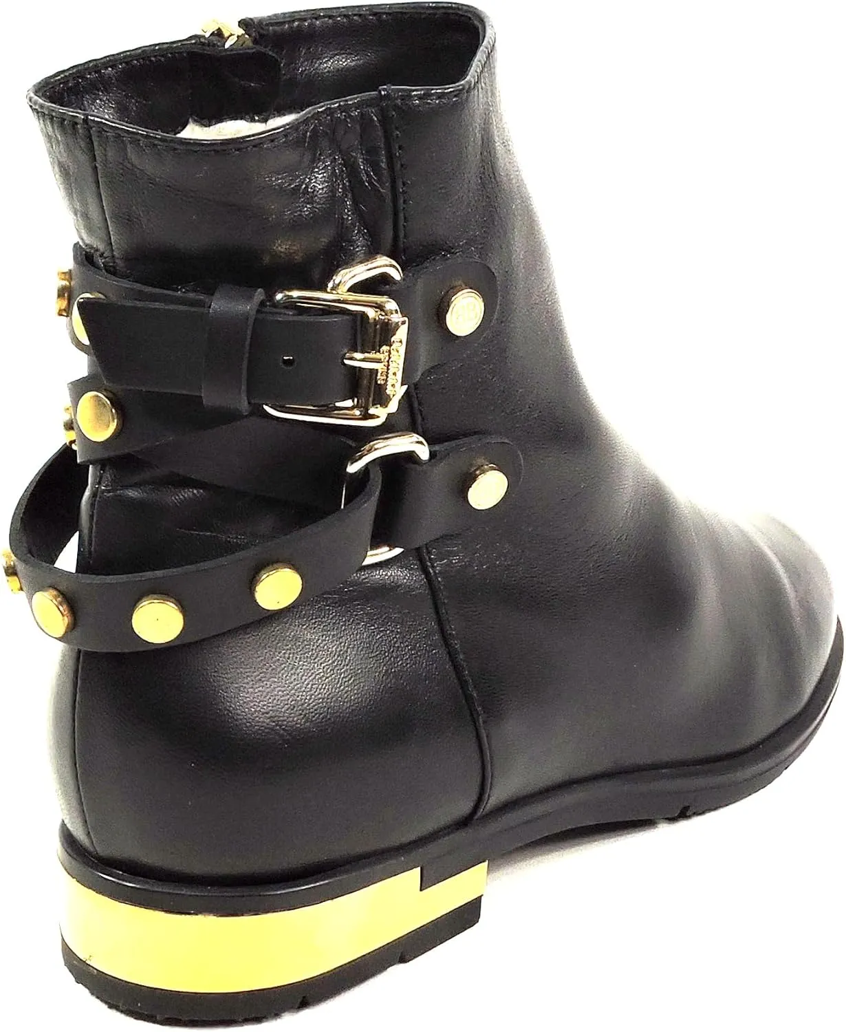 Baldinini Women's Black Leather Ankle Boots, Fur Lined, Gold Hardware, Winter Comfort Booties