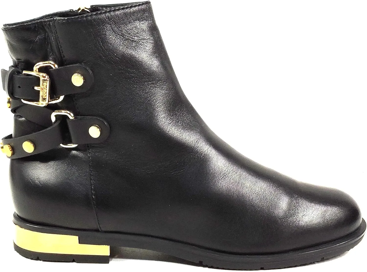 Baldinini Women's Black Leather Ankle Boots, Fur Lined, Gold Hardware, Winter Comfort Booties