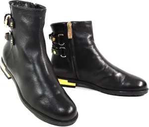 Baldinini Women's Black Leather Ankle Boots, Fur Lined, Gold Hardware, Winter Comfort Booties