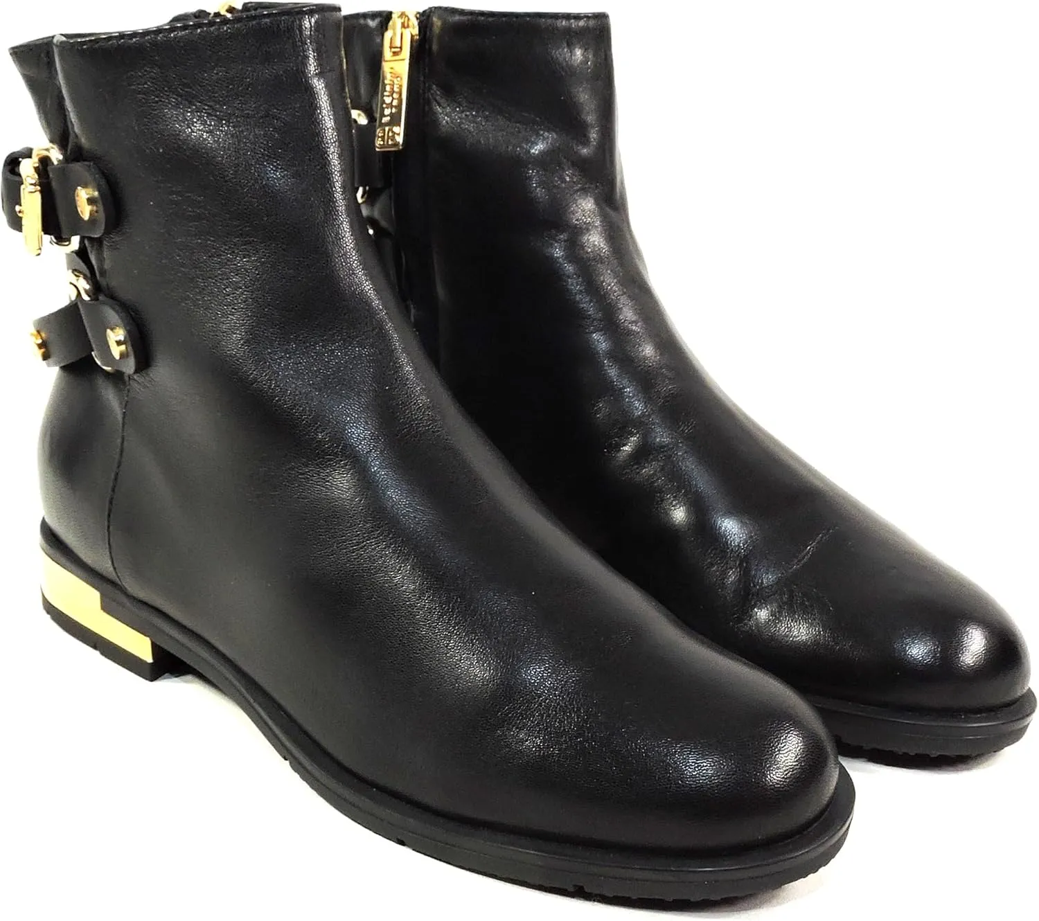 Baldinini Women's Black Leather Ankle Boots, Fur Lined, Gold Hardware, Winter Comfort Booties