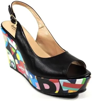 Baldinini Women's Platform Wedge Sandals, Black Leather, Multicolor Geometric Print, Slingback EU 40 size