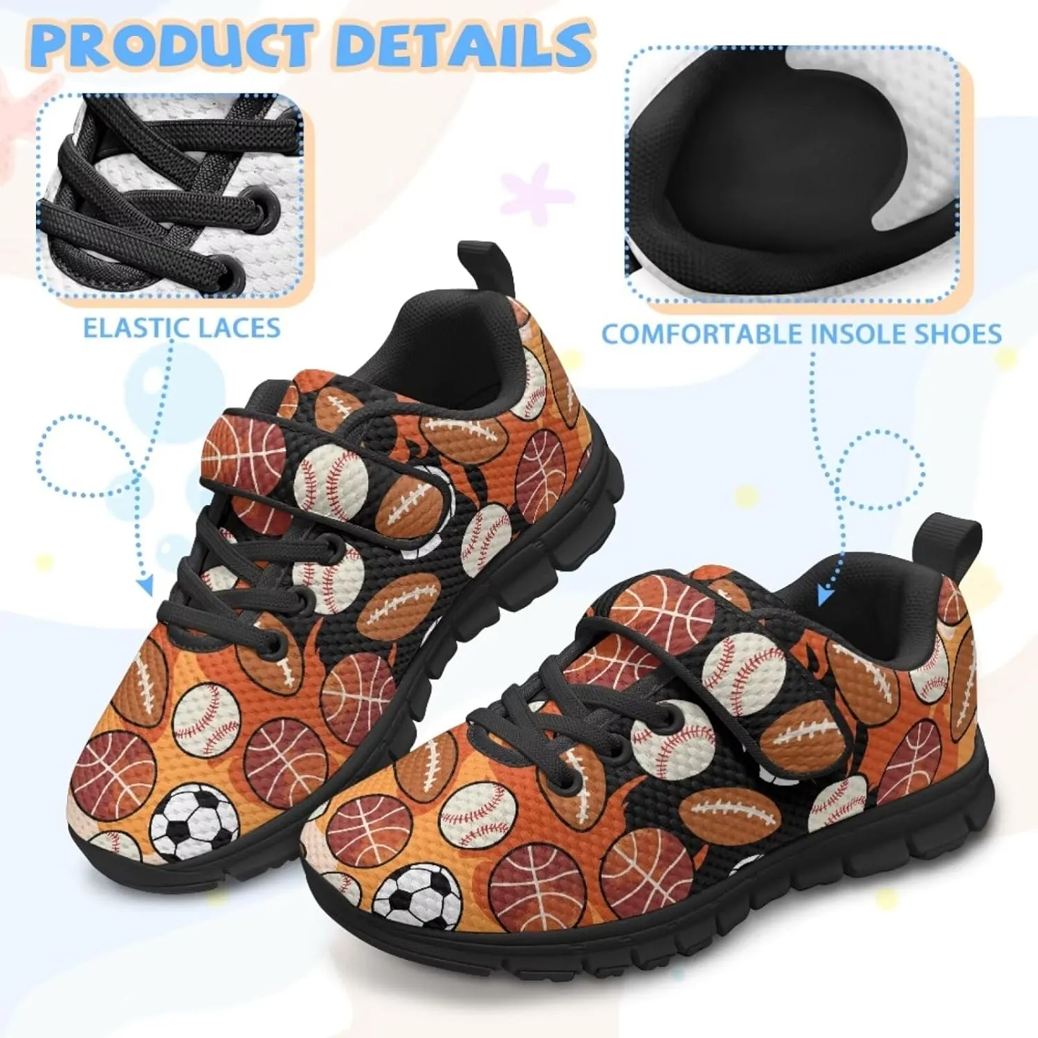 Ball Print Sport Athletic Shoes for Girls Boys Fashion Tennis Sneakers Running Walking Sneaker