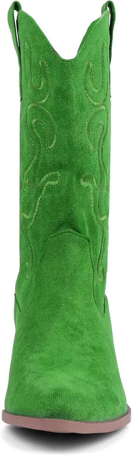 Bandkos Cowboy Boots for Women Cowgirl Mid Calf Western Boots Embroidered Stitched Pointed Toe Chunky Block Heel