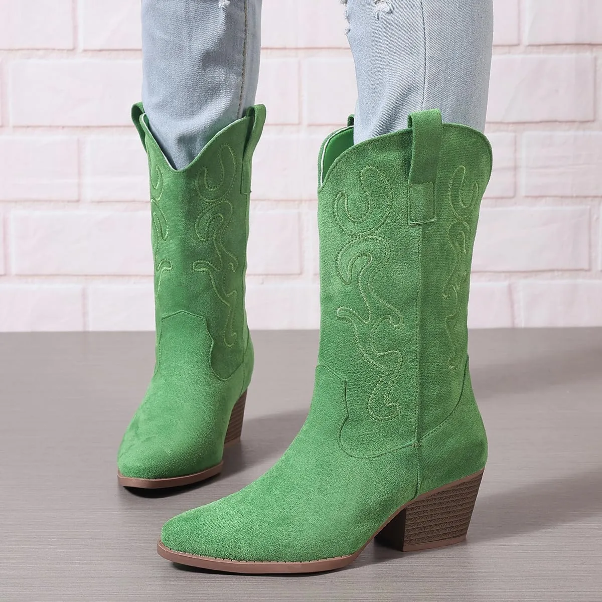 Bandkos Cowboy Boots for Women Cowgirl Mid Calf Western Boots Embroidered Stitched Pointed Toe Chunky Block Heel