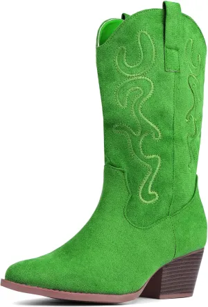 Bandkos Cowboy Boots for Women Cowgirl Mid Calf Western Boots Embroidered Stitched Pointed Toe Chunky Block Heel