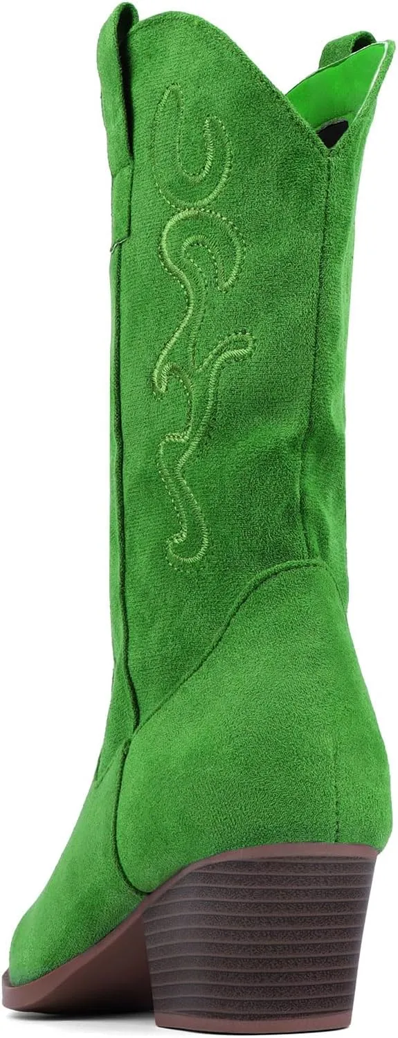 Bandkos Cowboy Boots for Women Cowgirl Mid Calf Western Boots Embroidered Stitched Pointed Toe Chunky Block Heel