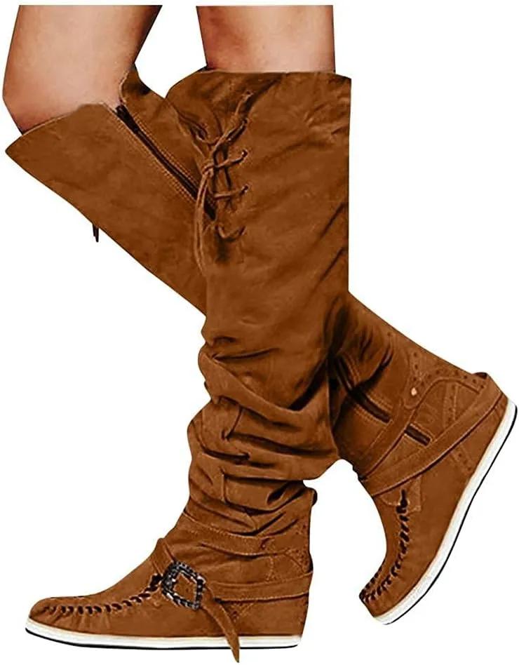 Bcshiye Women's Knee High Riding Boots Buckle Strap Tassel Western Boots Pull On Block Heel Mid Calf Combat Boots