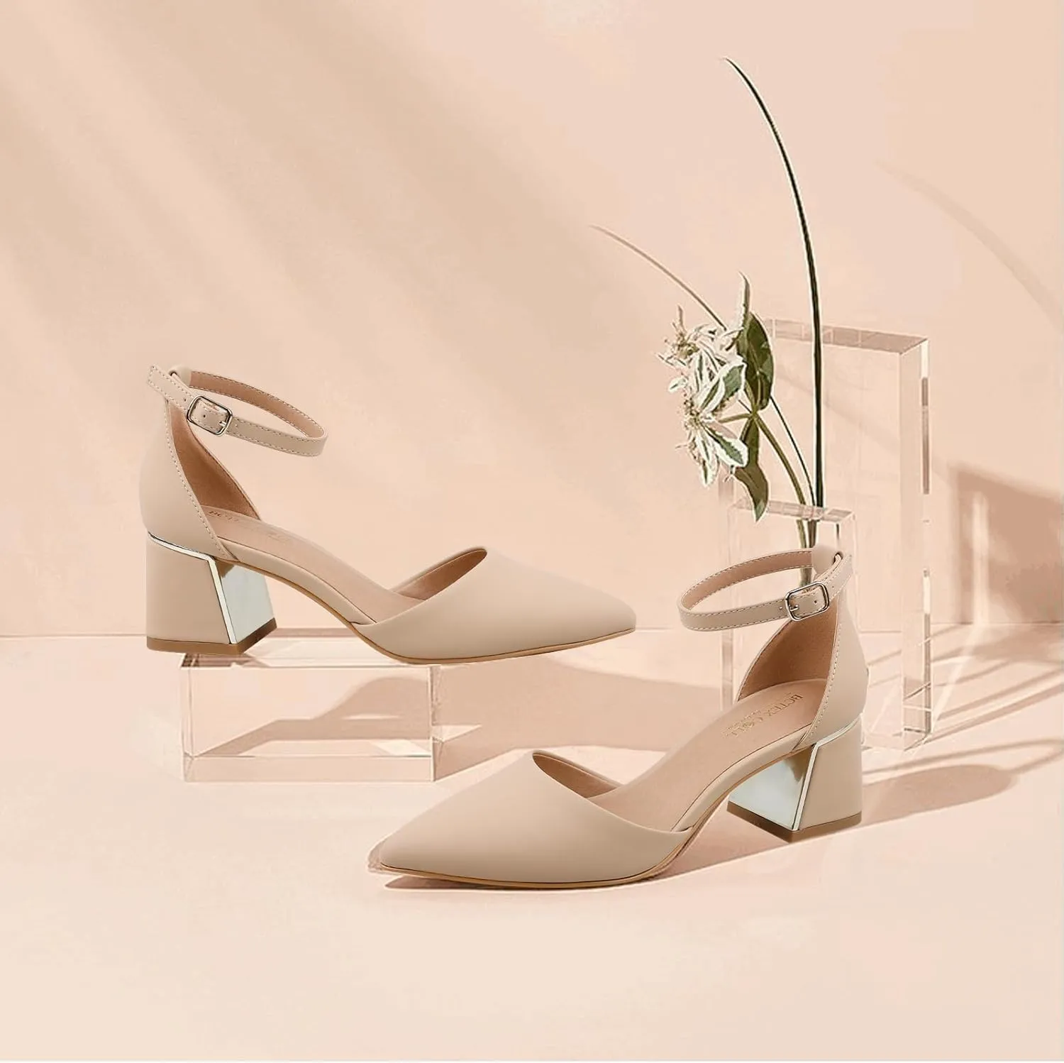 BCTEX COLL Womens Pointed Toe Pumps Shoes Ankle Strap Chunky Low Heels Metal Lined Sandals Designed for Women