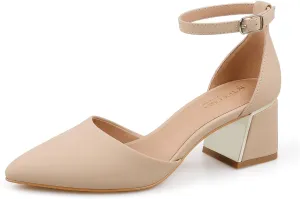 BCTEX COLL Womens Pointed Toe Pumps Shoes Ankle Strap Chunky Low Heels Metal Lined Sandals Designed for Women