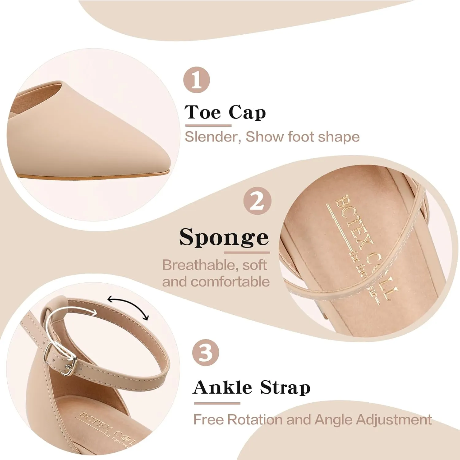 BCTEX COLL Womens Pointed Toe Pumps Shoes Ankle Strap Chunky Low Heels Metal Lined Sandals Designed for Women