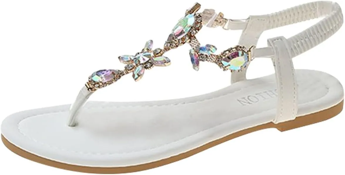 Beach Holiday Thong Sandals with Elastic Sling Back Trendy Womens Rhinestones Flats Shoes Comfortable Summer Footwear