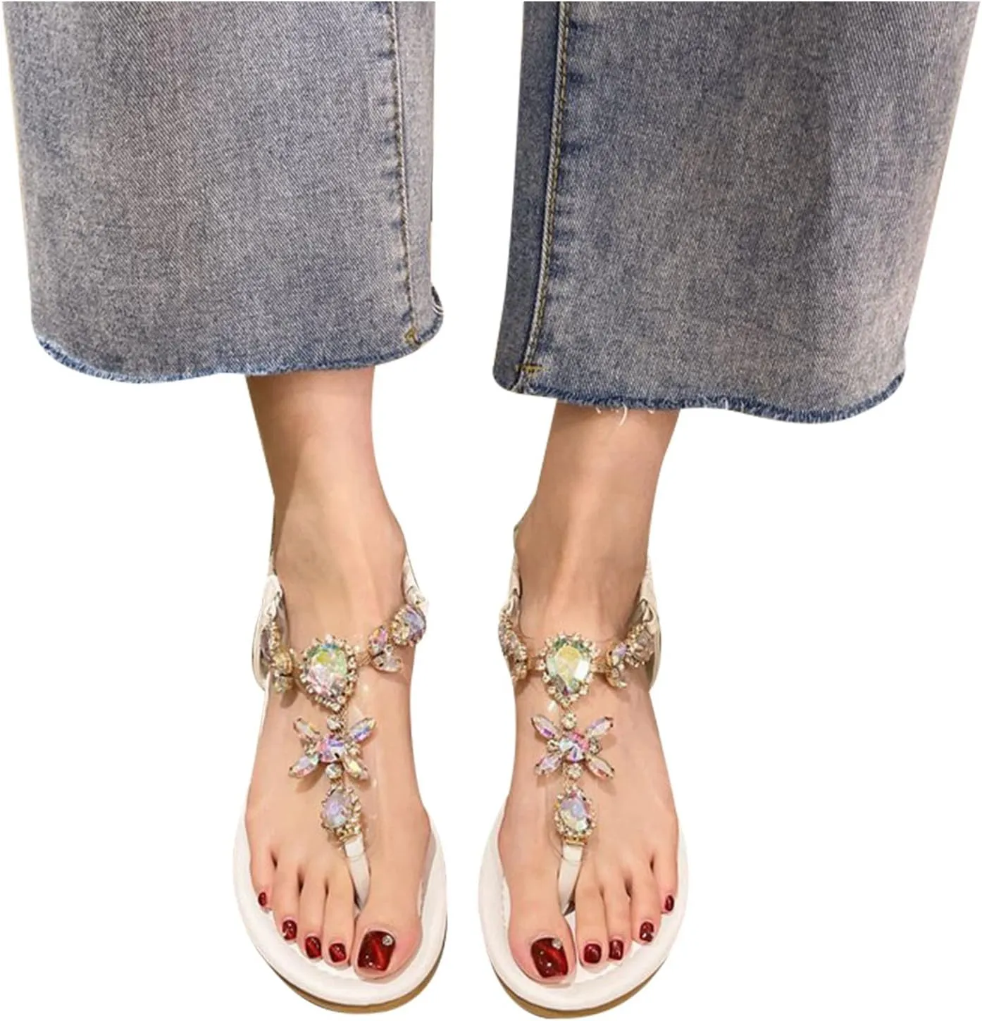 Beach Holiday Thong Sandals with Elastic Sling Back Trendy Womens Rhinestones Flats Shoes Comfortable Summer Footwear