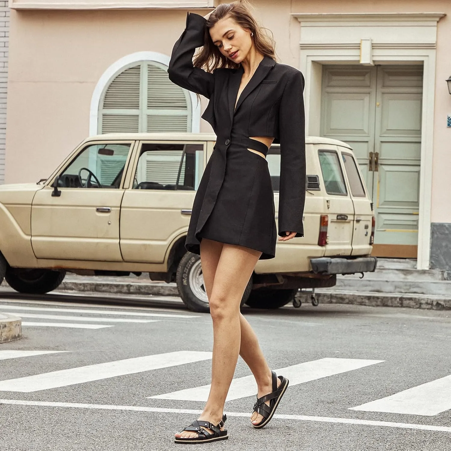 BEAU TODAY Flat Sandals for Women, Fashion Strappy Sandal Comfortable Arch Support Open Toe Beach Dressy Leather Summer Low Platform Sandals