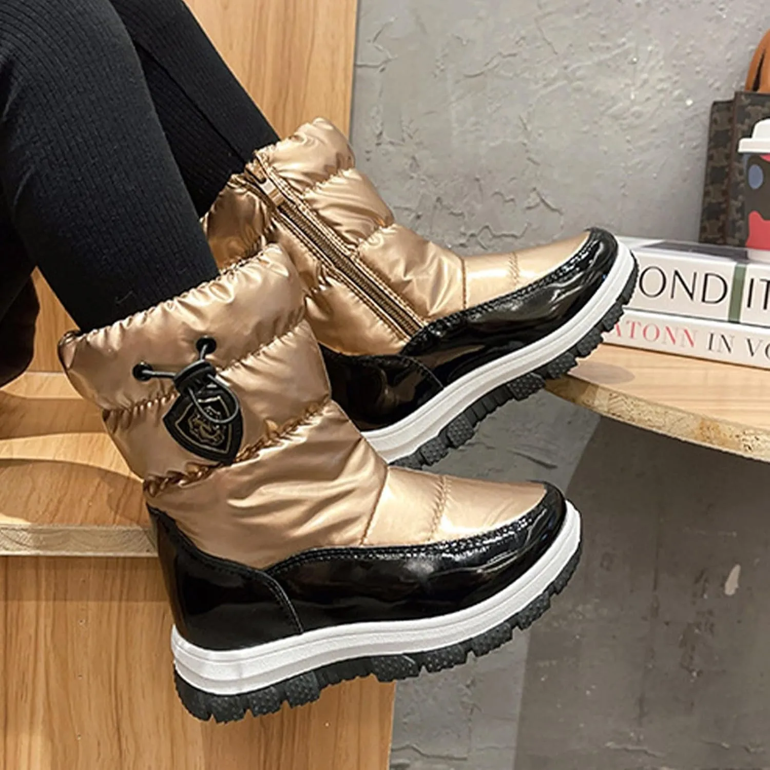 Big Kids Fashion Snow Boots Flat Thick 𝐖aterproof Shoes Winter Childrens Boys Mid Length Comfy Booties Padded Chunky