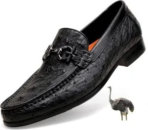 Black Casual Men's Genuine Leather Penny Loafers, Premium Ostrich Patterned Buckle Dress Loafer Shoes Slip on Wedding Party Loafer for Mens