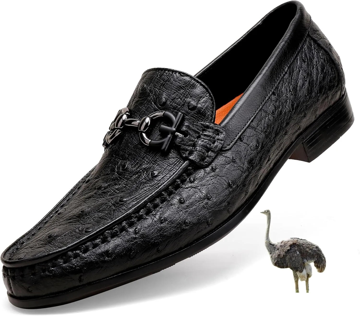 Black Casual Men's Genuine Leather Penny Loafers, Premium Ostrich Patterned Buckle Dress Loafer Shoes Slip on Wedding Party Loafer for Mens