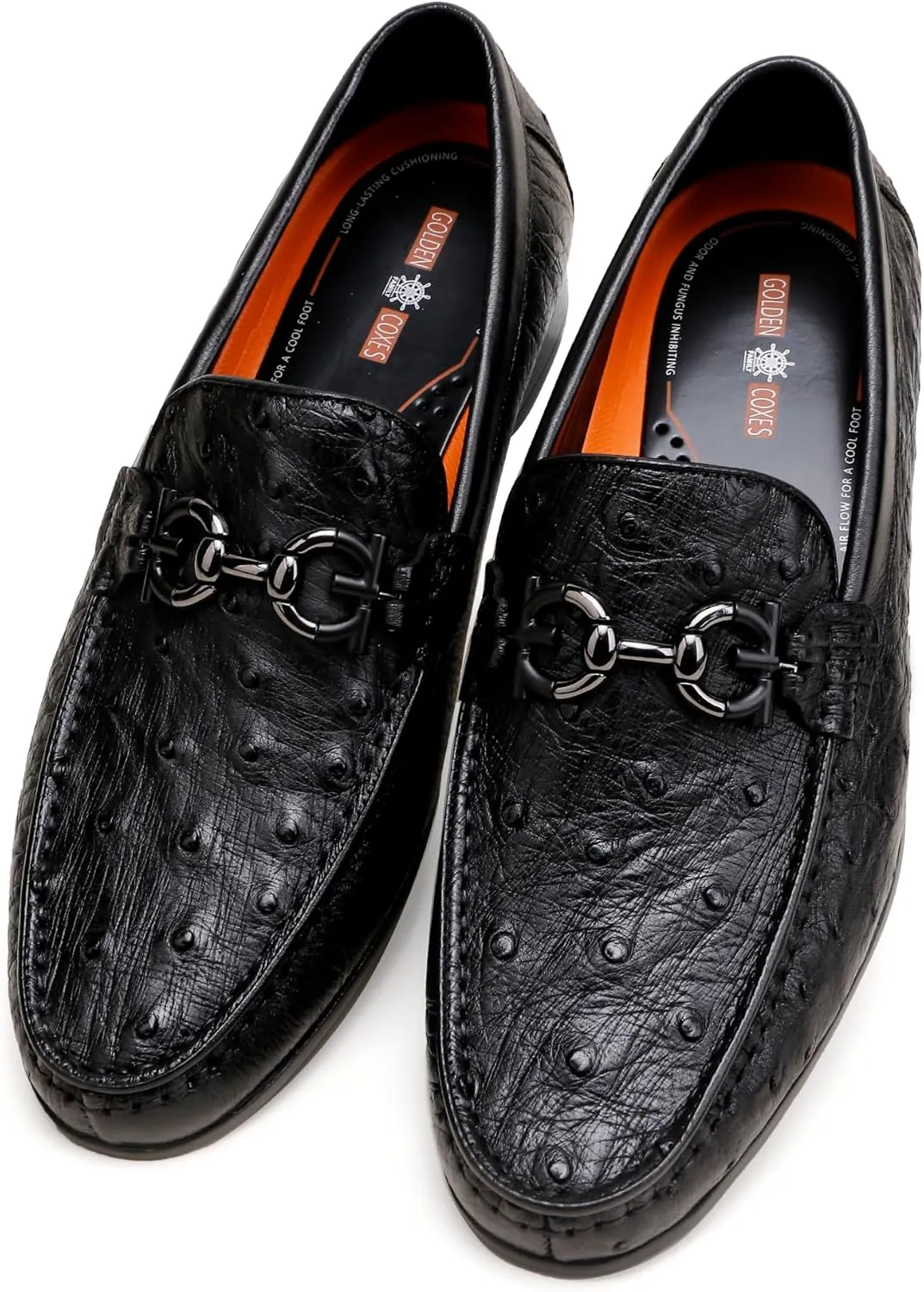 Black Casual Men's Genuine Leather Penny Loafers, Premium Ostrich Patterned Buckle Dress Loafer Shoes Slip on Wedding Party Loafer for Mens
