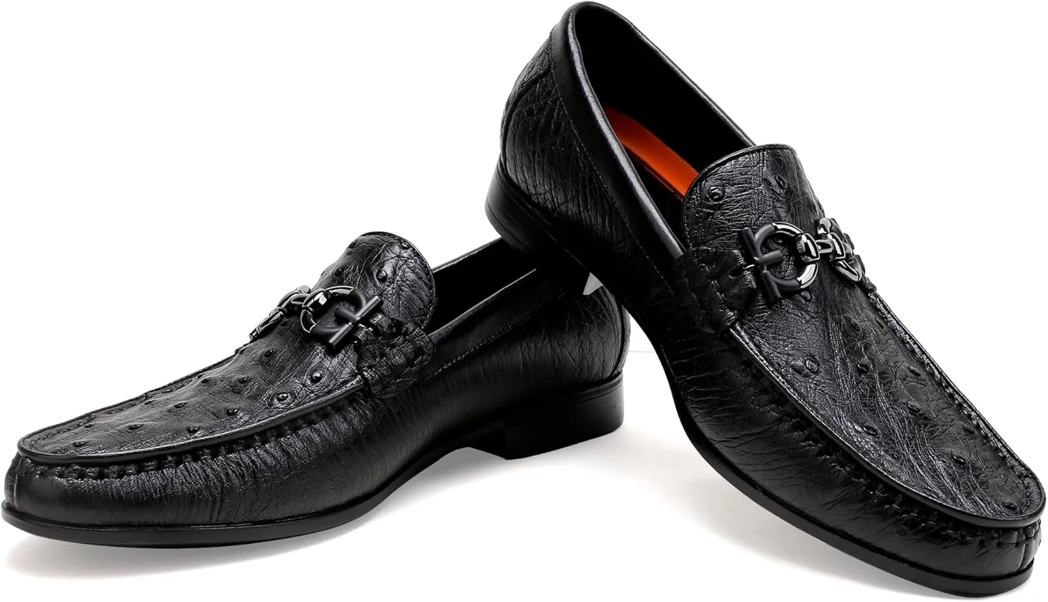 Black Casual Men's Genuine Leather Penny Loafers, Premium Ostrich Patterned Buckle Dress Loafer Shoes Slip on Wedding Party Loafer for Mens