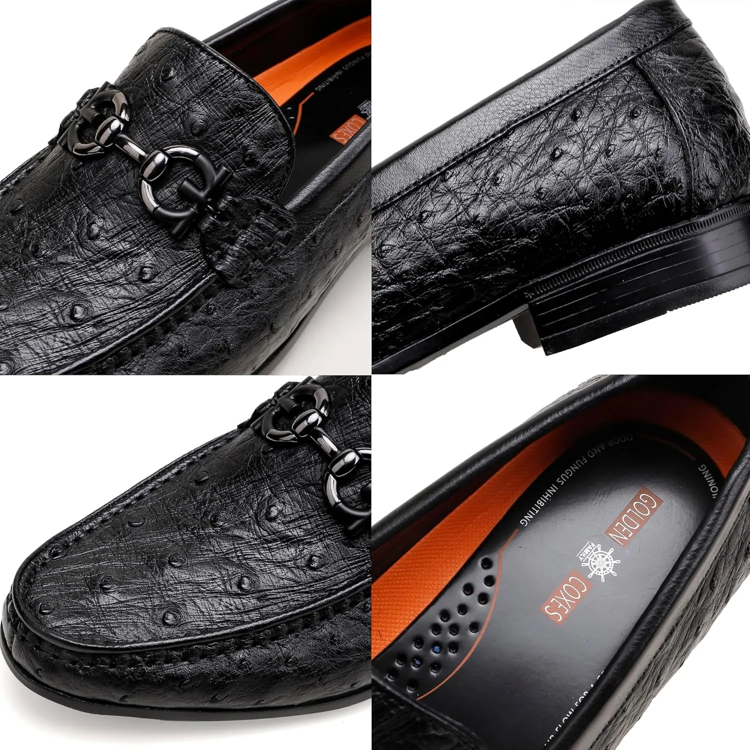 Black Casual Men's Genuine Leather Penny Loafers, Premium Ostrich Patterned Buckle Dress Loafer Shoes Slip on Wedding Party Loafer for Mens
