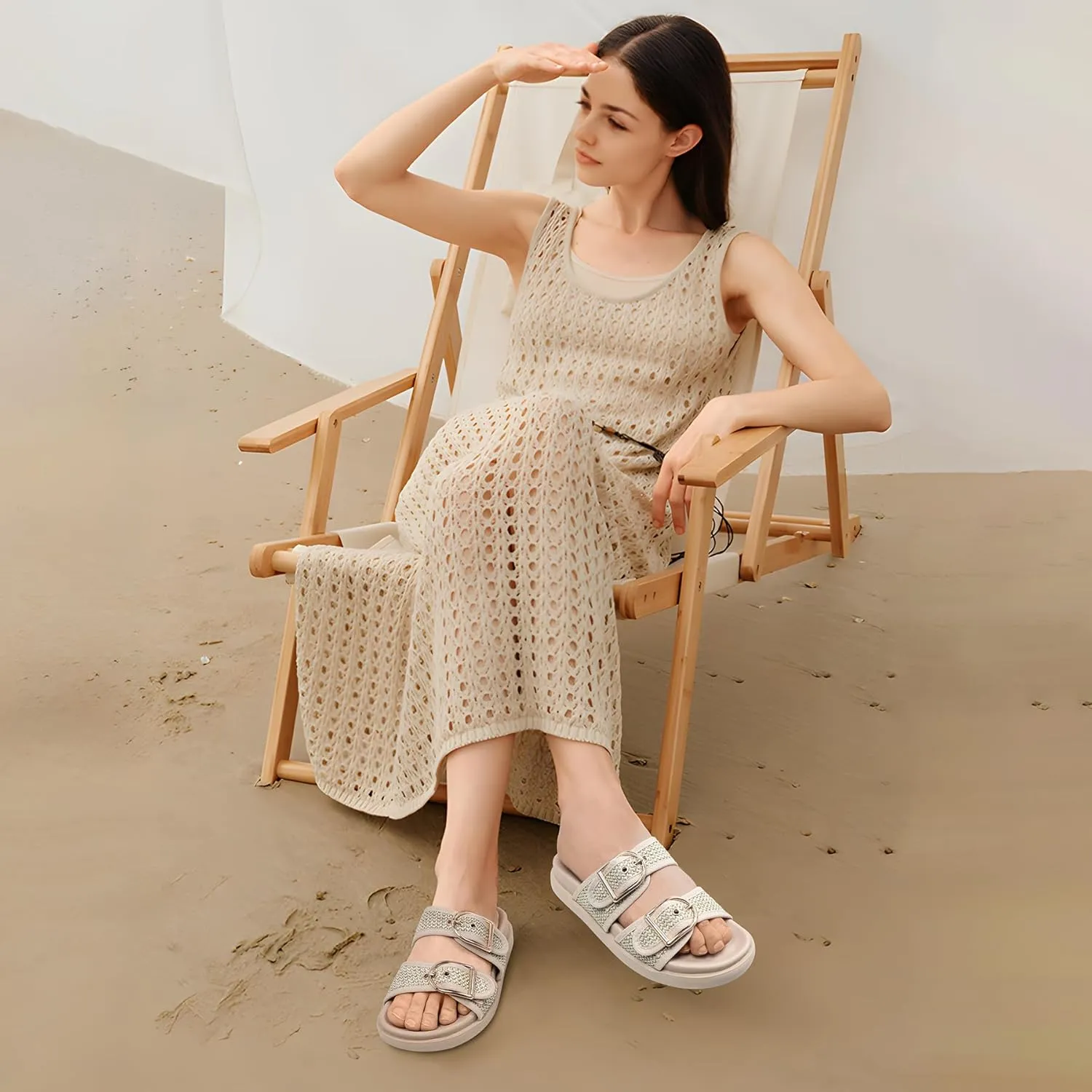 Black Platform Sandals Women,Womens Sandals-Studded Silde Sandals-Double Buckle Adjustable-Beach Sandals for Women-Flat Sandals Summer Vacation