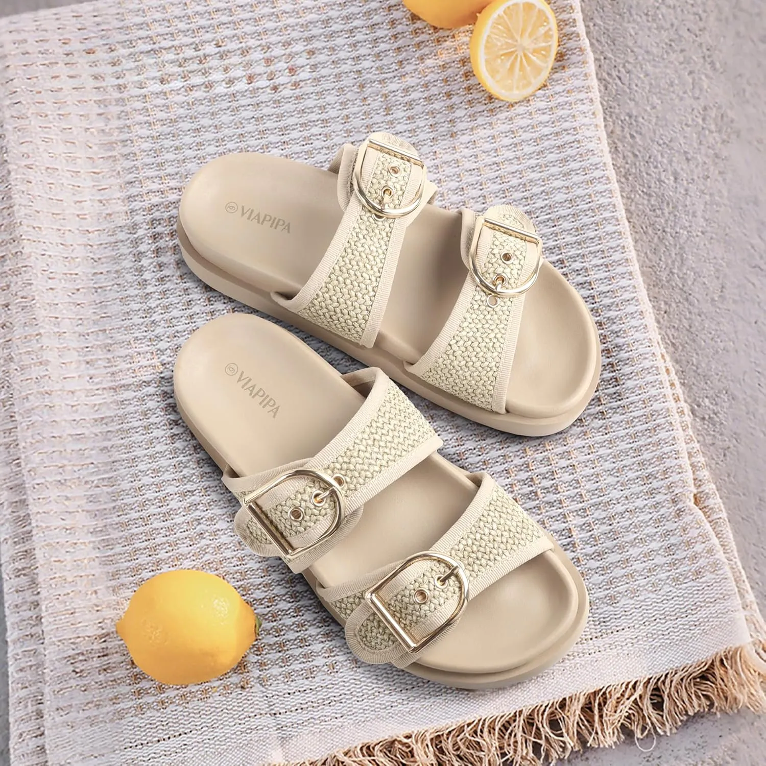 Black Platform Sandals Women,Womens Sandals-Studded Silde Sandals-Double Buckle Adjustable-Beach Sandals for Women-Flat Sandals Summer Vacation