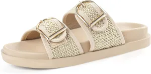 Black Platform Sandals Women,Womens Sandals-Studded Silde Sandals-Double Buckle Adjustable-Beach Sandals for Women-Flat Sandals Summer Vacation