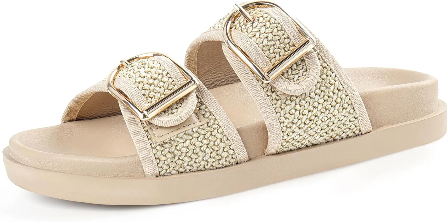 Black Platform Sandals Women,Womens Sandals-Studded Silde Sandals-Double Buckle Adjustable-Beach Sandals for Women-Flat Sandals Summer Vacation