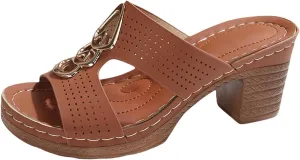 Block Heel Sandals for Women Wide Width Casual Summer Open Toe Slides Chunky Sandals for Women Comfortable Walking Dressy Outdoor Sandal Metal Decorative Beach Wedding Vacation Fashion Slippers