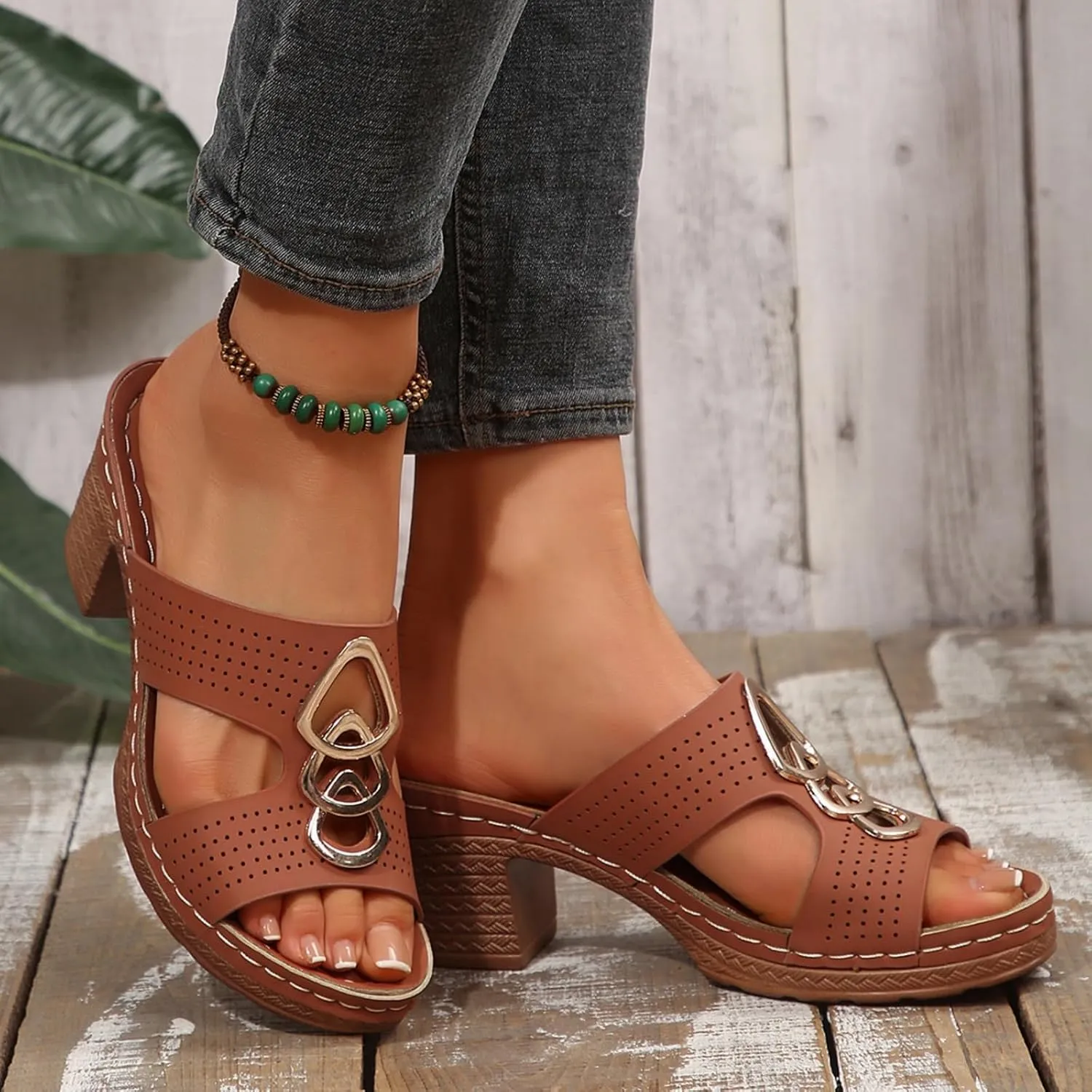 Block Heel Sandals for Women Wide Width Casual Summer Open Toe Slides Chunky Sandals for Women Comfortable Walking Dressy Outdoor Sandal Metal Decorative Beach Wedding Vacation Fashion Slippers