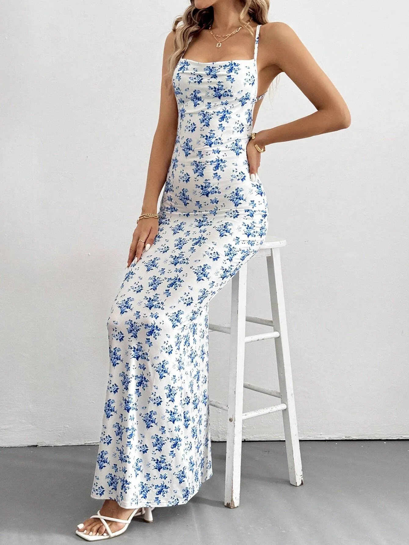 Blue Floral Print Maxi Slip Dress – European Summer Style
