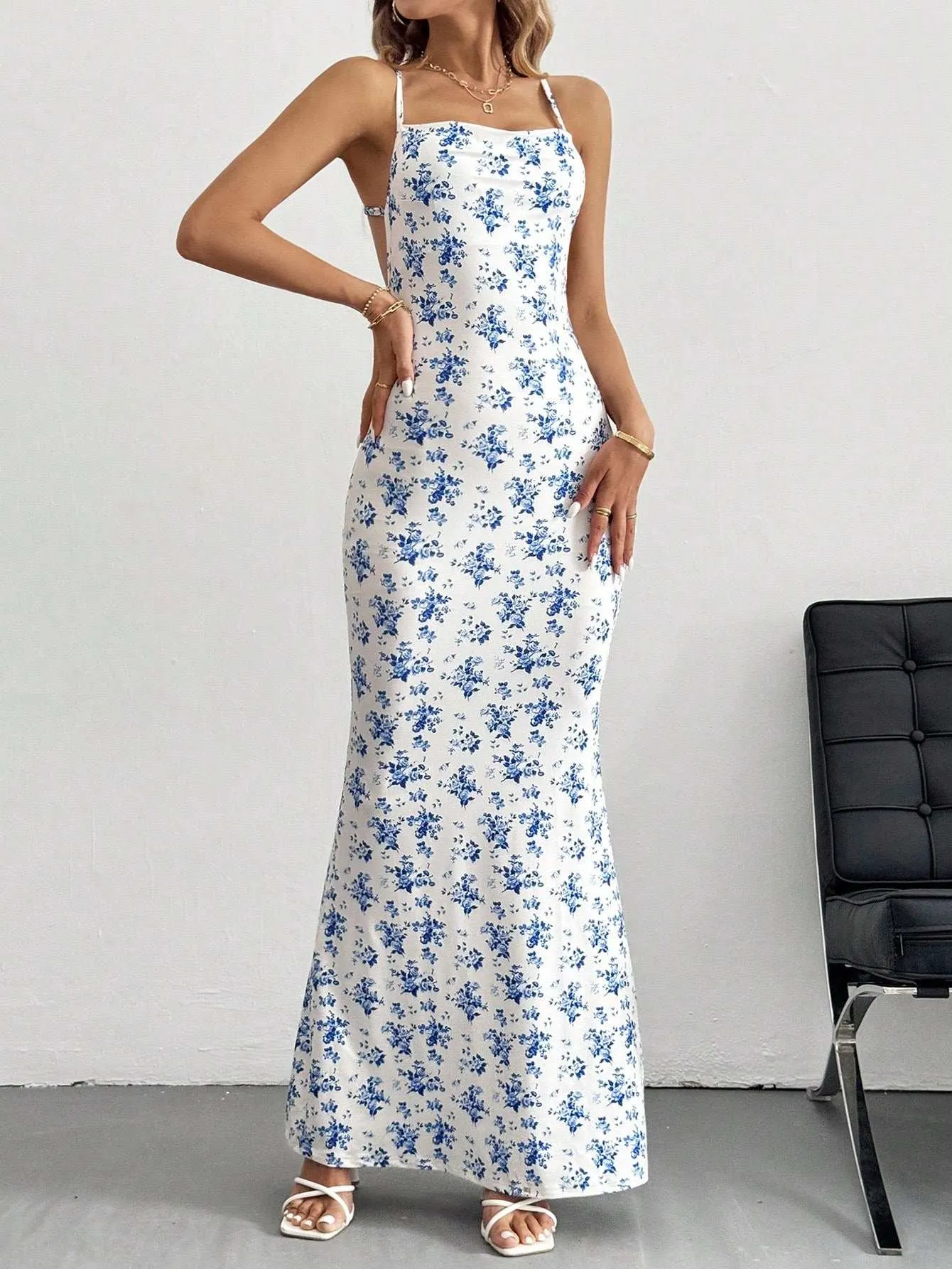 Blue Floral Print Maxi Slip Dress – European Summer Style