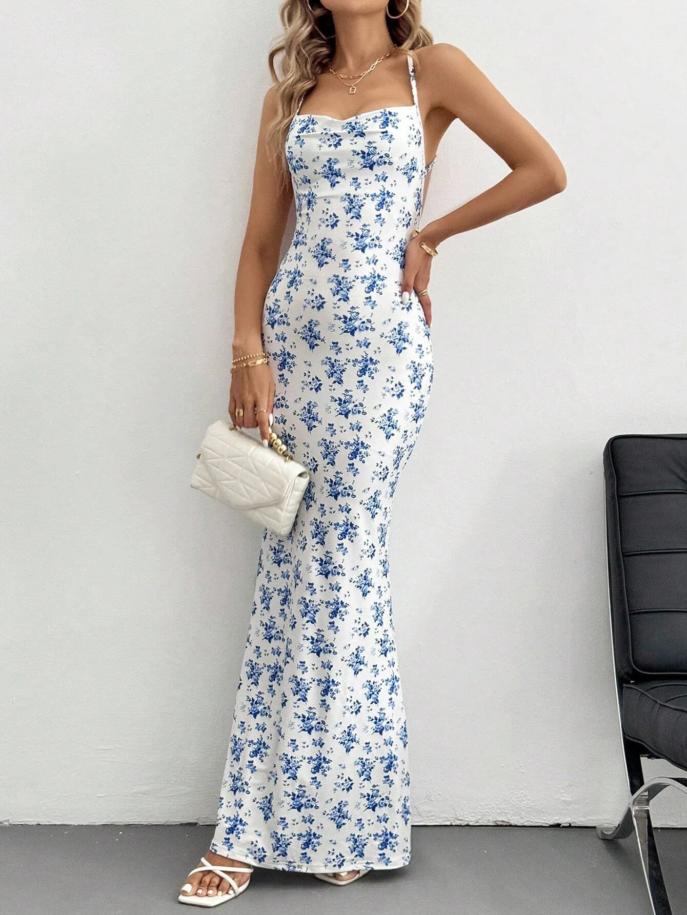Blue Floral Print Maxi Slip Dress – European Summer Style