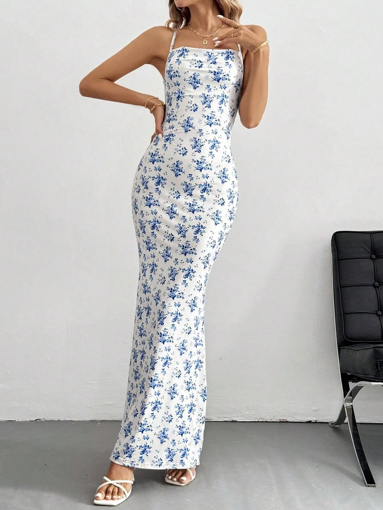 Blue Floral Print Maxi Slip Dress – European Summer Style