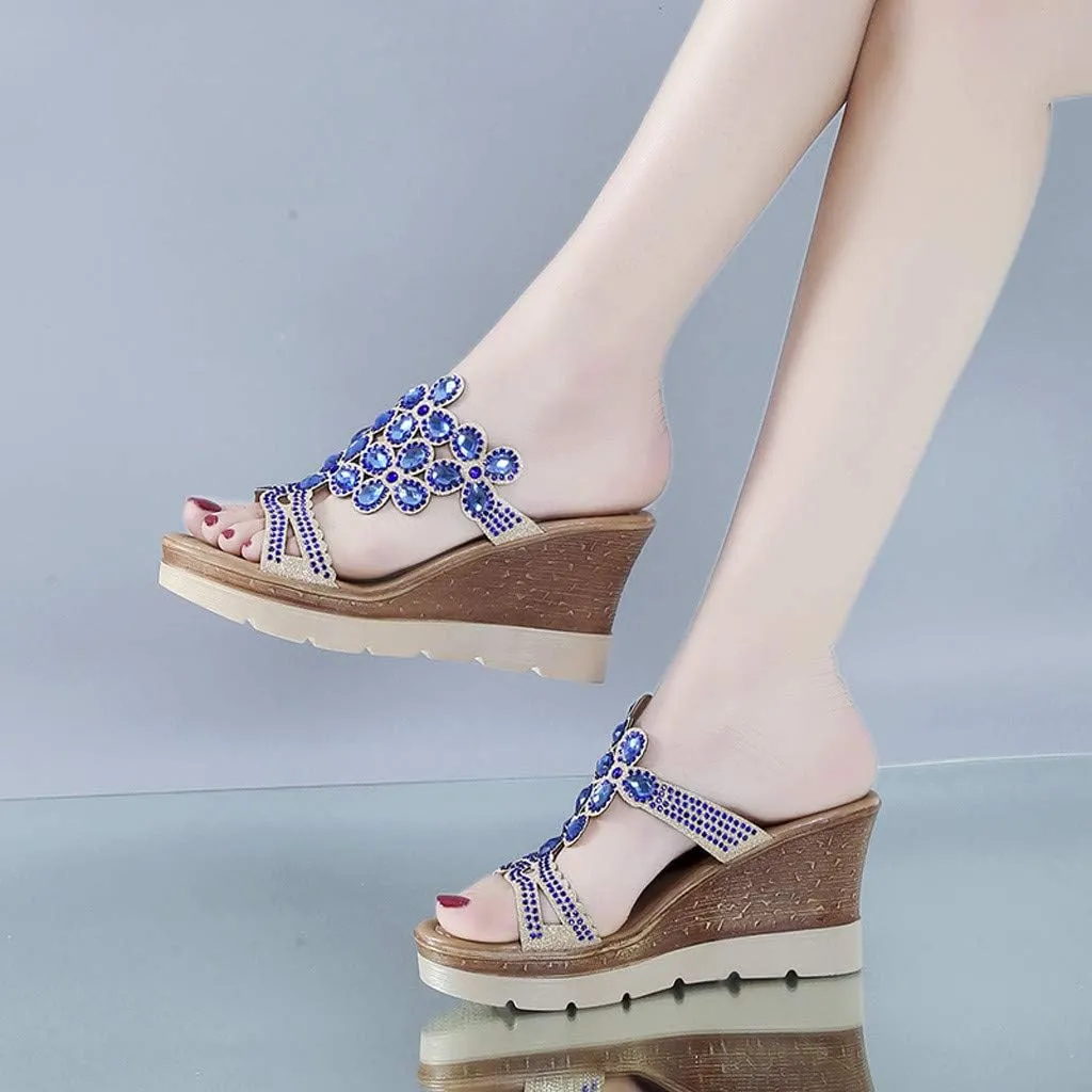 Bohemia Rhinestones Wedge Sandals for Women 2025 Sparkly Slip On Dressy Orthopedic Platform Slides Ladies Low Heel Comfy Cushion Footed Slippers Casual Shoes for Wedding Bridal Evening Cocktail