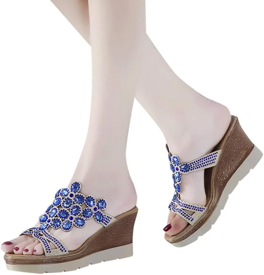 Bohemia Rhinestones Wedge Sandals for Women 2025 Sparkly Slip On Dressy Orthopedic Platform Slides Ladies Low Heel Comfy Cushion Footed Slippers Casual Shoes for Wedding Bridal Evening Cocktail