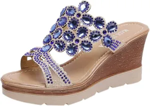 Bohemia Rhinestones Wedge Sandals for Women 2025 Sparkly Slip On Dressy Orthopedic Platform Slides Ladies Low Heel Comfy Cushion Footed Slippers Casual Shoes for Wedding Bridal Evening Cocktail