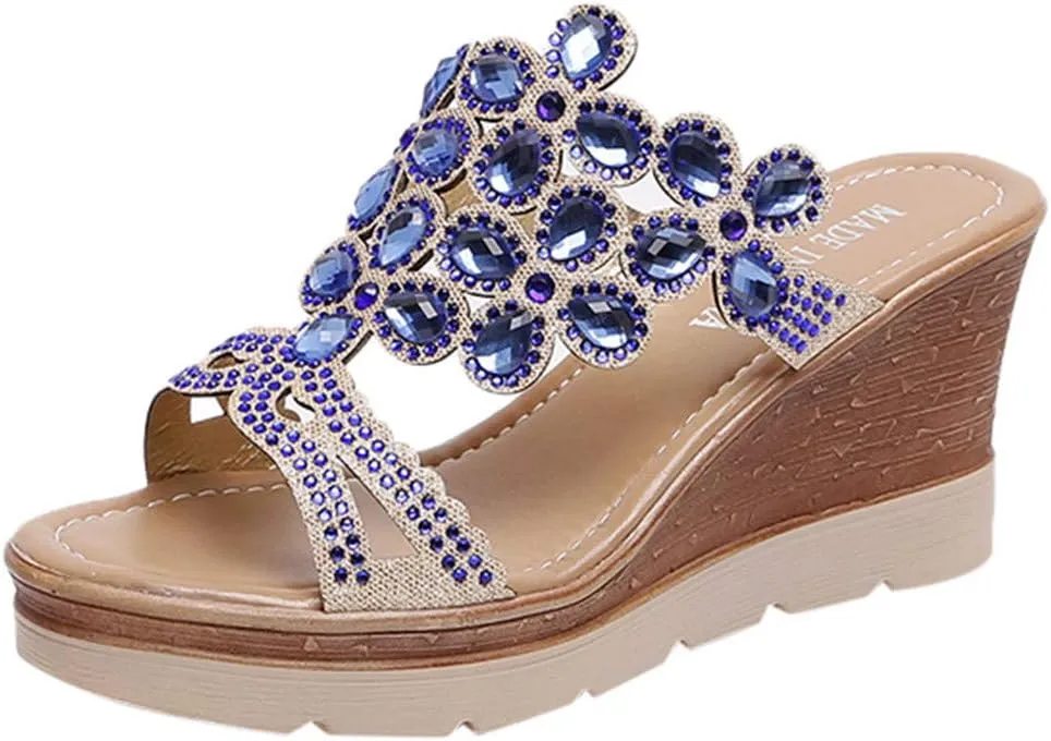 Bohemia Rhinestones Wedge Sandals for Women 2025 Sparkly Slip On Dressy Orthopedic Platform Slides Ladies Low Heel Comfy Cushion Footed Slippers Casual Shoes for Wedding Bridal Evening Cocktail