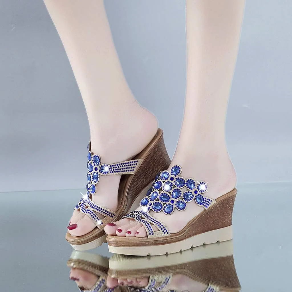 Bohemia Rhinestones Wedge Sandals for Women 2025 Sparkly Slip On Dressy Orthopedic Platform Slides Ladies Low Heel Comfy Cushion Footed Slippers Casual Shoes for Wedding Bridal Evening Cocktail
