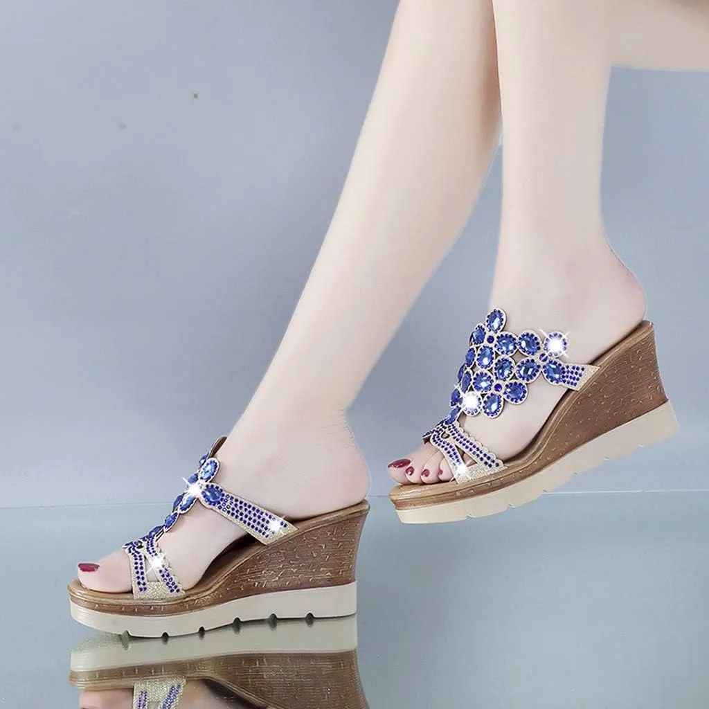 Bohemia Rhinestones Wedge Sandals for Women 2025 Sparkly Slip On Dressy Orthopedic Platform Slides Ladies Low Heel Comfy Cushion Footed Slippers Casual Shoes for Wedding Bridal Evening Cocktail
