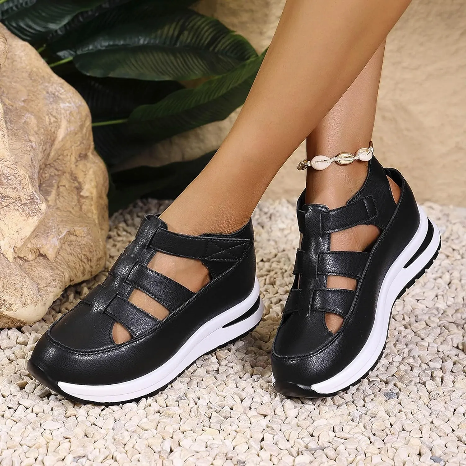 Bootara Women's Hollow-Out Casual Sandals,2025 Closed Toe Platform Sandals Height-Boosting Thick Sole