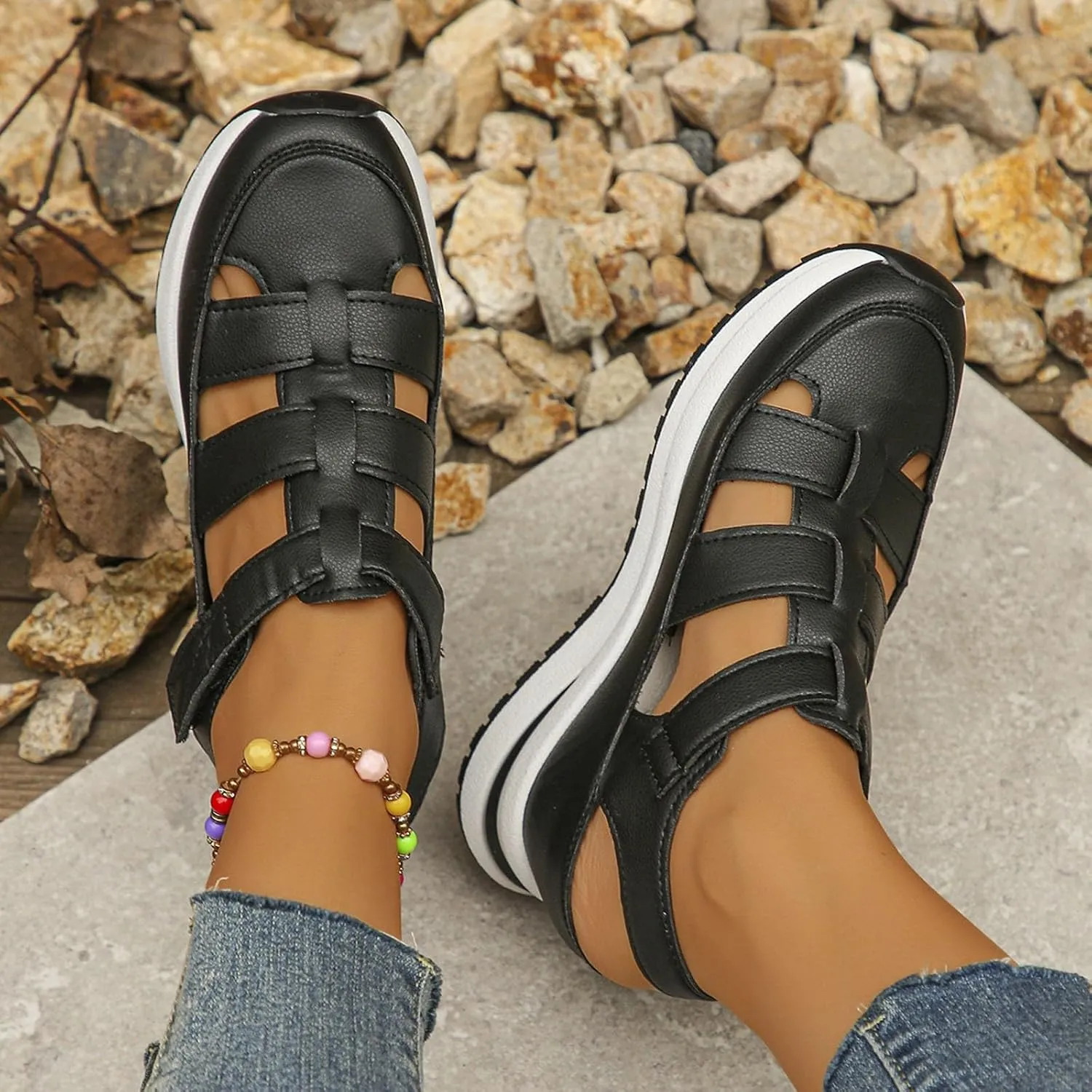 Bootara Women's Hollow-Out Casual Sandals,2025 Closed Toe Platform Sandals Height-Boosting Thick Sole